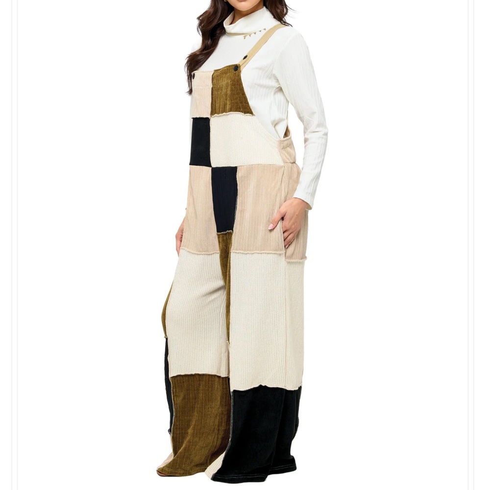 Patchwork Jumpsuit in Black, Cream, and Tan